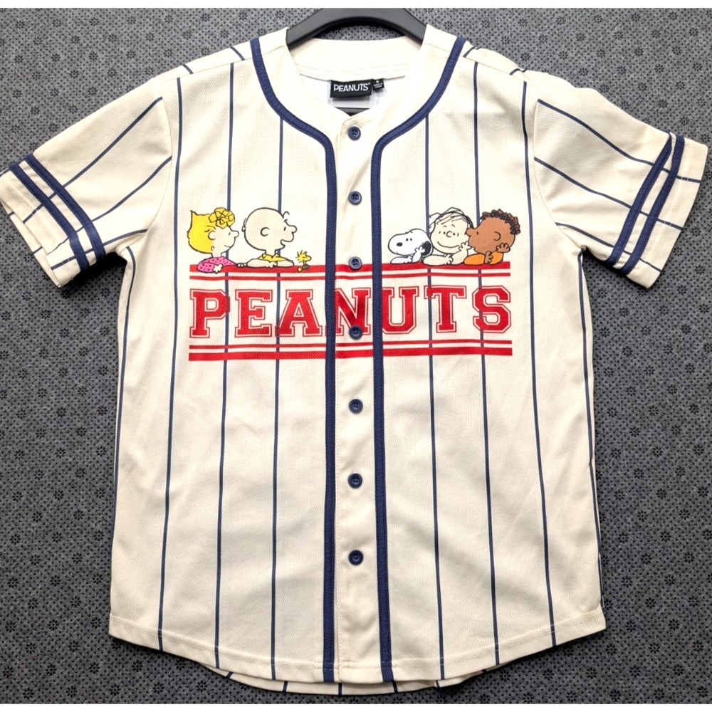 Peanuts Baseball Jersey Size S Cream Pinstripe Snoopy Charlie Brown Button Front
